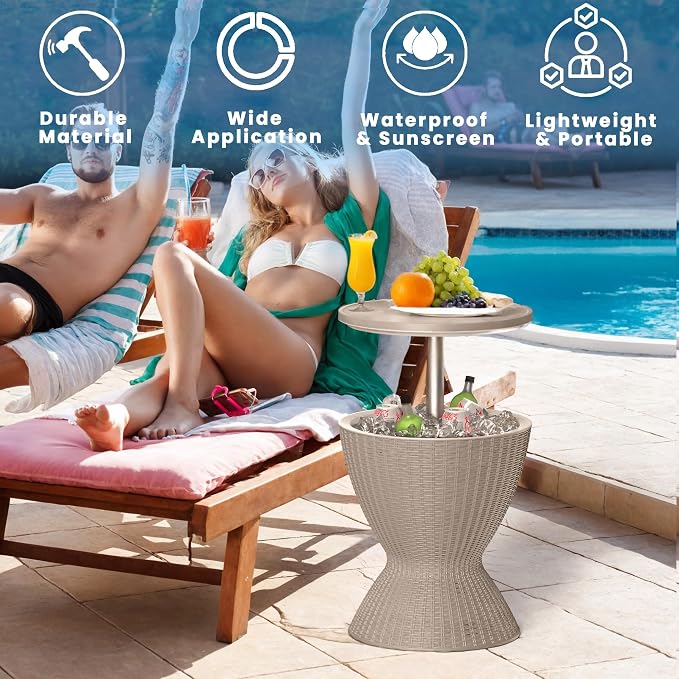 Outdoor Cool Bar Table 8 Gallon Portable Cooler Side Table,3-in-1 Cocktail Coffee Table Rattan Style,Sturdy, Waterproof & UV Resistant,Easy to Assemble & Clean for Indoor & Outdoor Use(Grey)