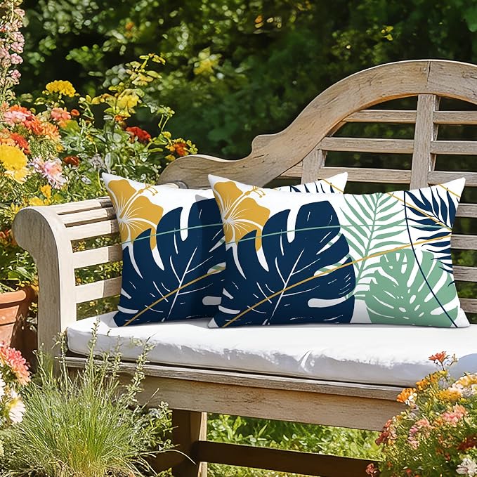 OTOSTAR Outdoor Waterproof Throw Pillow Covers 16x24 Inch Set of 2 Double-Sided Dark Blue Yellow Tropical Leaf and Flower Spring Summer Decorative Pillow Cases for Patio Funiture Garden Balcony Couch