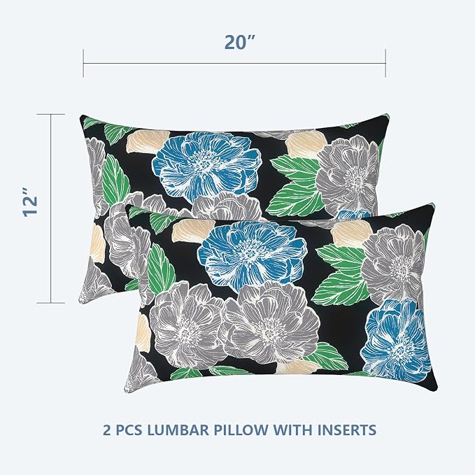 LVTLVTXIII 12×20 Inch Outdoor Lumbar Pillows, Pack of 2 Water Repellent Lumbar Pillow with Inserts, Fluffy Decorative Garden Lumbar Cushions for Home Patio Coach Sofa Use, Peony Garden