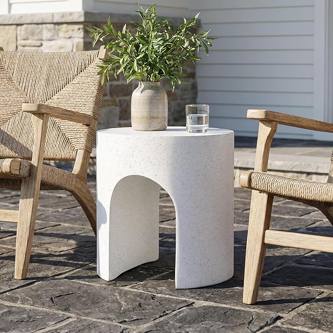 HOMPUS Outdoor Side Table w Hollow Arch, Concrete End Table, Round Patio MgO Coffee Lightweight Table, Modern Accent Vintage Garden Planter Stand for Indoor Outdoor Use, Spotted White