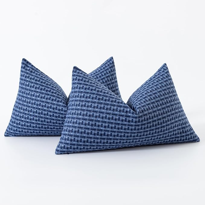 Kevin Textile Outdoor Waterproof 12"x20" Pillow Covers 2 Pack, Navy Blue | Water Resistant Weaving Faux Linen Texture Throw Pillow Covers, Outside Decorative Pillowcases for Garden Patio Balcony Couch