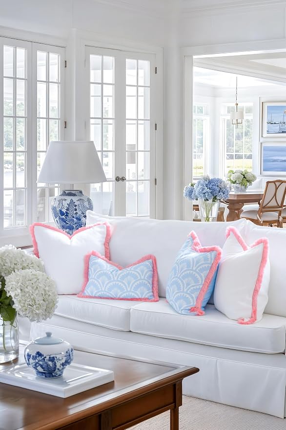 Hofdeco Premium Coastal Grandmillennial Patio Indoor Outdoor Throw Pillow Cover Only, 22"x22" Water Repellent for Backyard, Couch, Poolside, White Blush Pink Solid