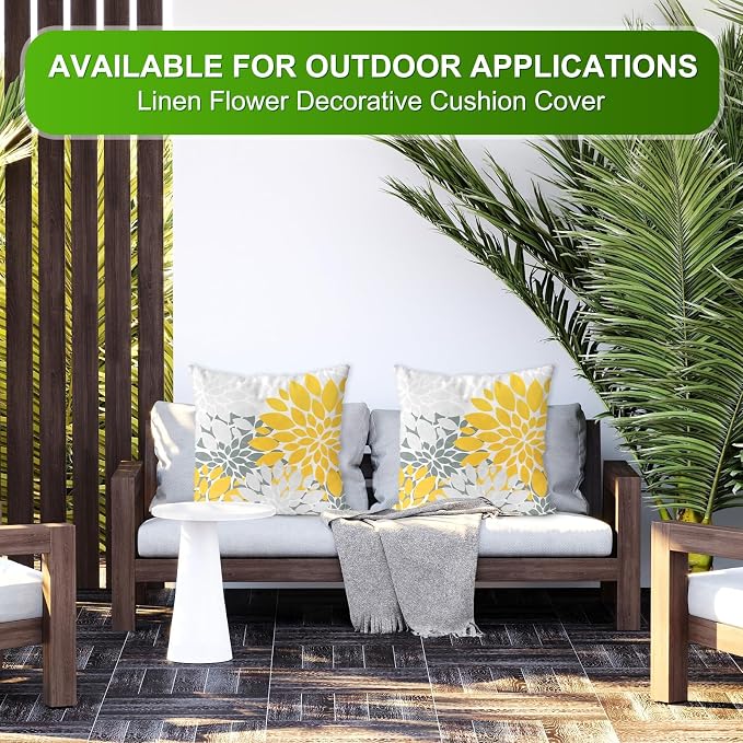 M METERXITY 2-Pack Pillow Cover 20x20 Linen, Yellow Gray | Water Resistant Floral Decor Slipcover, for Patio, Balcony, Garden, Outdoor Pillow Case