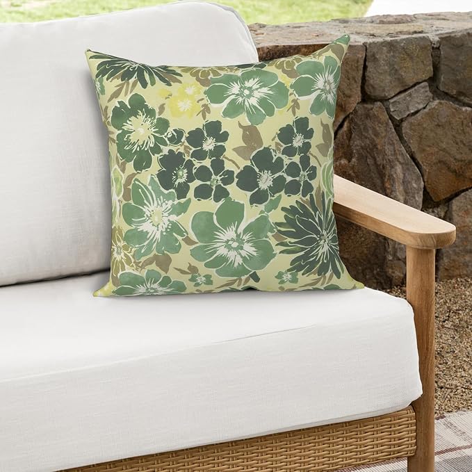 Outdoor Throw Pillows 16x16 Inch, Water Repellent Patio Pillows with Inners Set of 2 for Patio Furniture Home Graden, Green Rose