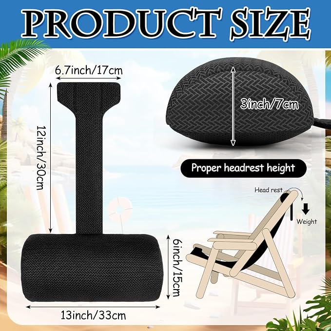 Kigley 2 Pcs Chaise Lounge Headrest Pillow for Patio Outdoor Pool Headrest Pillow Quick Drying Lounger Supplies for Adult with Non Slip Weighted Tail(Black)