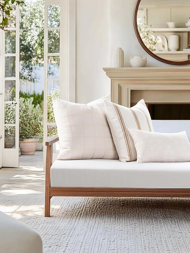 Modern Farmhouse Fall Linen Indoor Outdoor Throw Pillow Cover Only, 20"x20" Water Repellent for Patio, Backyard, Couch, Neutral Ivory Cream Embroidered Stripes