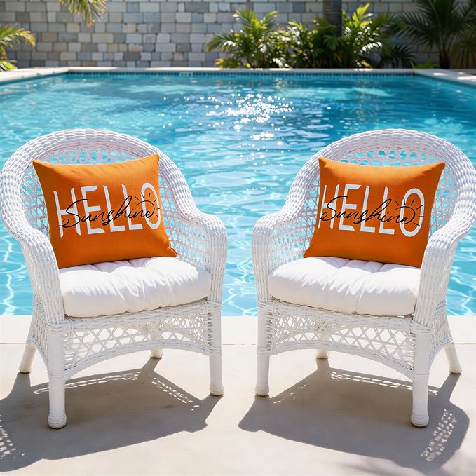 Lewondr Waterproof Outdoor Throw Pillow Cover, 18×18", Orange | 2 Pack, Hello Sunshine Printing, Summer Garden Decor, For Patio Sofa, Balcony Couch, Bench Porch