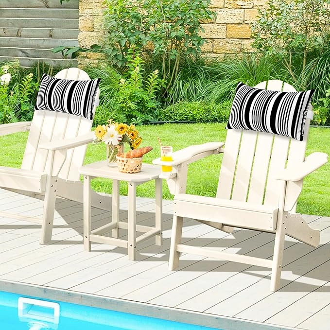 Outdoor Pillows for Lounge Chair Head Resting 2 Pack Waterproof | Headrest Lumbar Pillows with Adjustable Strap for Recliner Beach Pool Lounger Chair, Black White