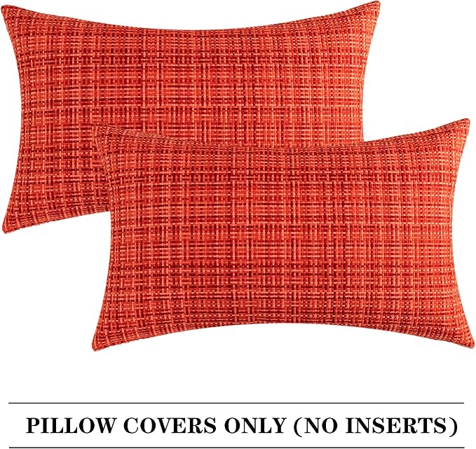 Kevin Textile Outdoor Waterproof 12"x24" Lumbar Pillow Covers 2 Pack, Red | Water Resistant, Faux Linen Yarn-dyed, Woven Texture Throw Pillow Covers for Tent Patio Garden Couch Sofa