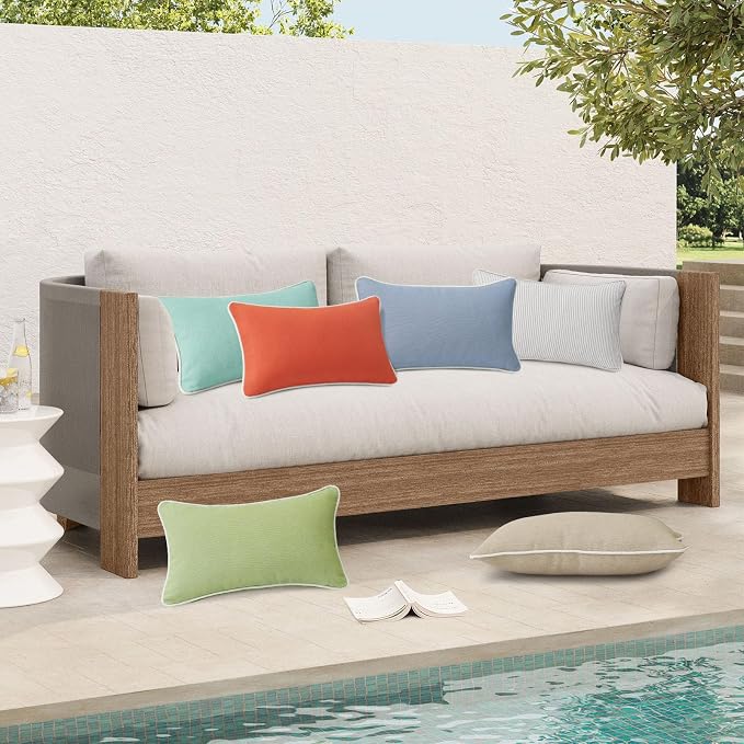 Unimatta Decorative Outdoor Water Repellent Throw Pillows with Inserts, Set of 4, 20" x12" Pillows for Patio, Backyard, Bed, Couch, and Patio Furniture, Tan Stripe