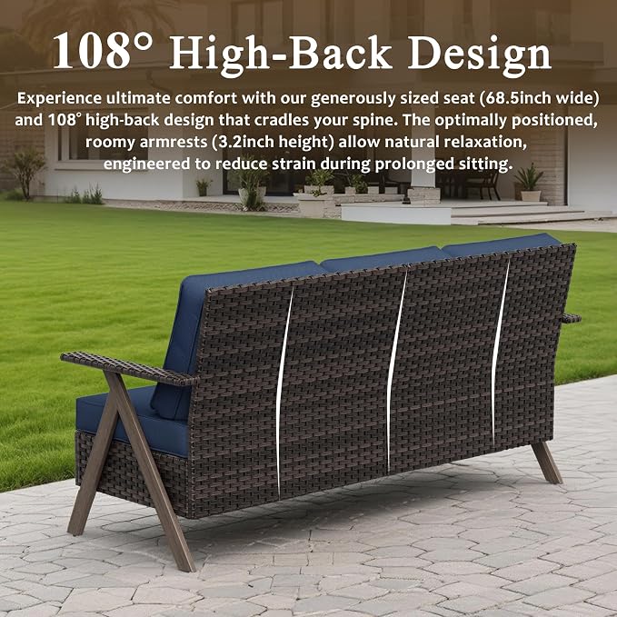8 Pieces Patio Furniture Set,Outdoor Loveseat Sofa & High Back Swivel Rocker Patio Chairs, Wicker Conversation Set with Coffee Table and Side Table for Deck Yard and Poolside