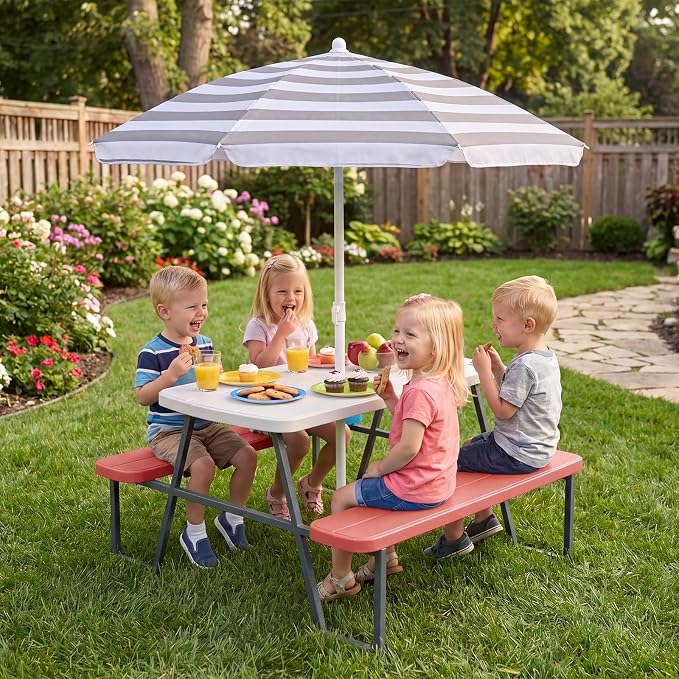 HONEY JOY Kids Picnic Table, 4 Person Toddler Outdoor Table and Chair Set, Built-in Benches, Removable Umbrella, Metal Frame & HDPE Top, Children Outdoor Furniture for Backyard Patio Garden (Pink)