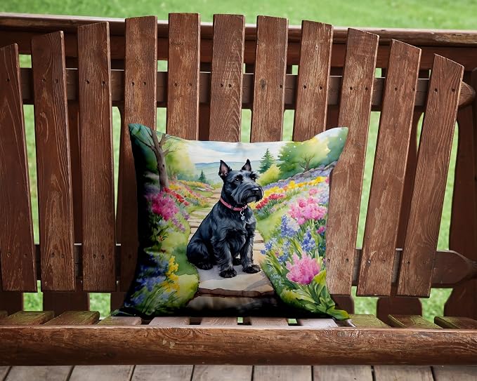 Caroline's Treasures Scottish Terrier Spring Path Throw Pillow Machine Washable, Indoor Outdoor Decorative Pillow for Couch, Bed or Patio, 14Hx14W