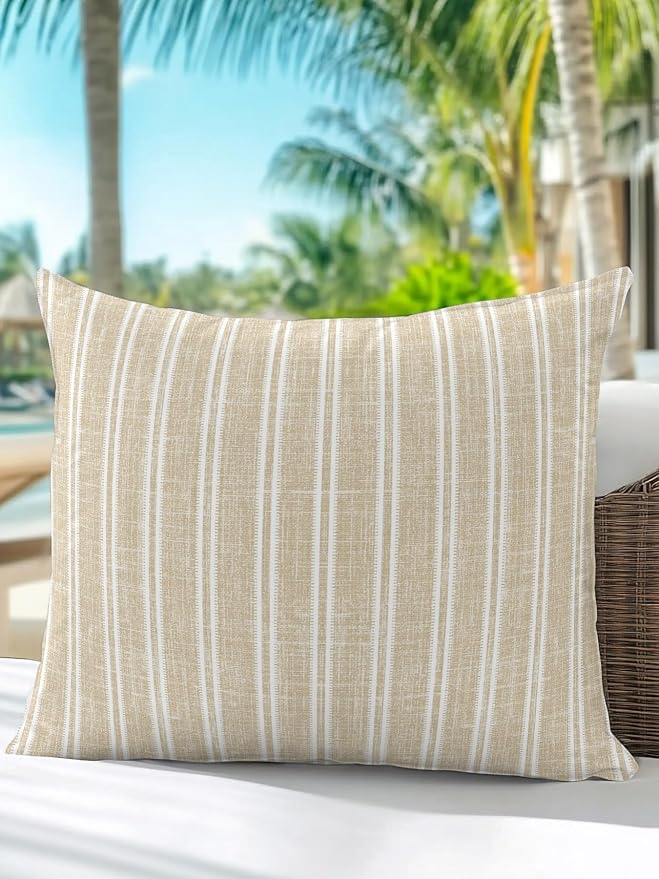 Waterproof Outdoor Pillow 1 Pack Beige Linen Striped Decorative Throw Pillows Cover & Insert 18x18 Inch Pillowcase Vertical Stripes Lines Pillows for Couch Sofa Bed Patio Furniture Indoor Outdoor