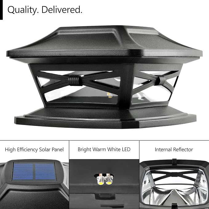 Davinci Lighting Flexfit Solar Outdoor Post Cap Lights - Includes Bases for 4x4 5x5 6x6 Wooden Posts - Bright LED Light - Slate Black (8 Pack) | Slate Black, Wooden Posts, fence/deck/garden/patio, UV fade-protected plastic, auto-on, 7-8h, cordless, IP4...