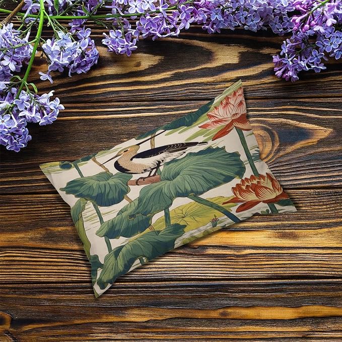 Set of 2 Chinese Pond Bird Decorative Throw Pillow Covers 12x18in Farmhouse Rectangle Accent Pillow Cases Cushion Cover Cases for Sofa Chair Bedroom Home Decor