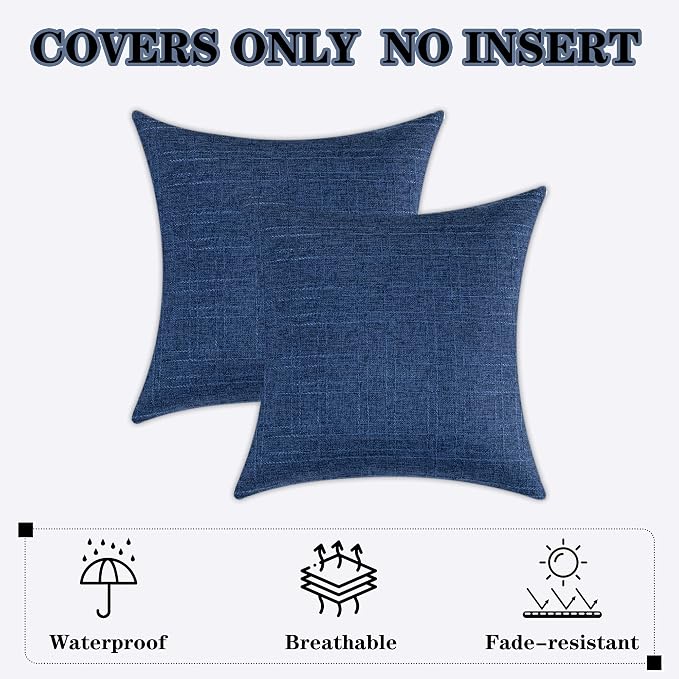 Kevin Textile Outdoor Waterproof 24”x24” Pillow Covers 2 Pack, Blue | Water Resistant, Soft Faux Linen-cotton Yarn-dyed Woven Texture Throw Pillow Covers for Tent Patio Garden Couch Sofa
