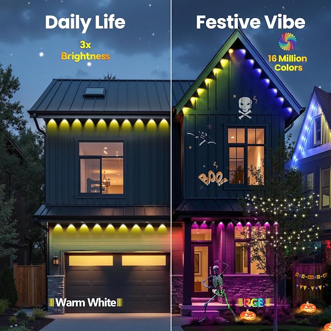 Permanent Outdoor Lights 300ft RGB+IC Eave Lights for House | IP67 Waterproof Smart LED Outdoor Lights with 16M Colors, App/Remote Control for Daily, Christmas, Halloween, Party