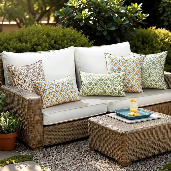 ANRODUO Floral Outdoor Waterproof Pillow Covers Set of 2 Green 20x20 Inch | Square Block Print Decorative Cushion Cases With Refined Edge Piping for Summer Patio Porch Garden Couch Sofa Bench Decor