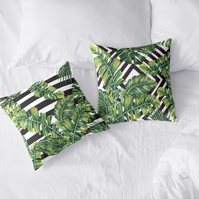 Tropical Green Leaves Throw Pillow Covers 18x18 Set of 2 Summer Palm Tree Pillow Cases Geometric Black and White Square Decorative Pillow Covers Modern Home Decor for Sofa Bed