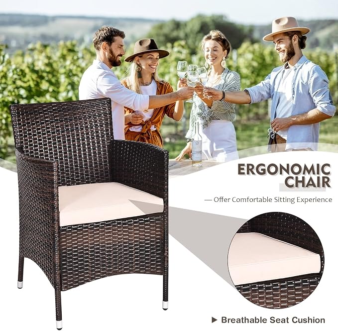 DORTALA Wicker Patio Furniture Set 3 Piece, Small Outdoor Table & Chairs Set with Cushions, All-Weather Rattan Conversation Bistro Set for Balcony, Porch, Backyard, Deck, Beige