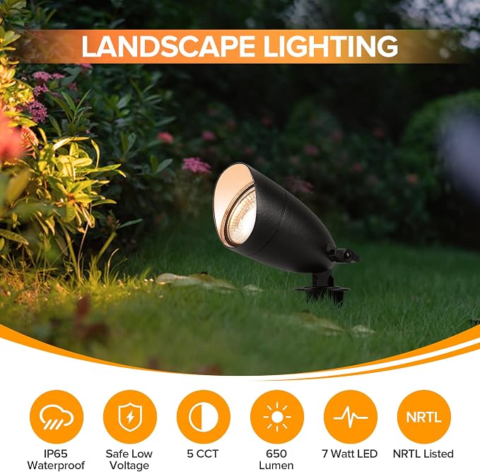 LUTEC 5CCT 12V Low Voltage Landscape Lighting Die-cast Aluminum Spot Lights with Connectors, IP65 Outdoor Landscape Spotlights, 7W 650LM for Tree Garden, 8 Pack (No Transformer Kits)
