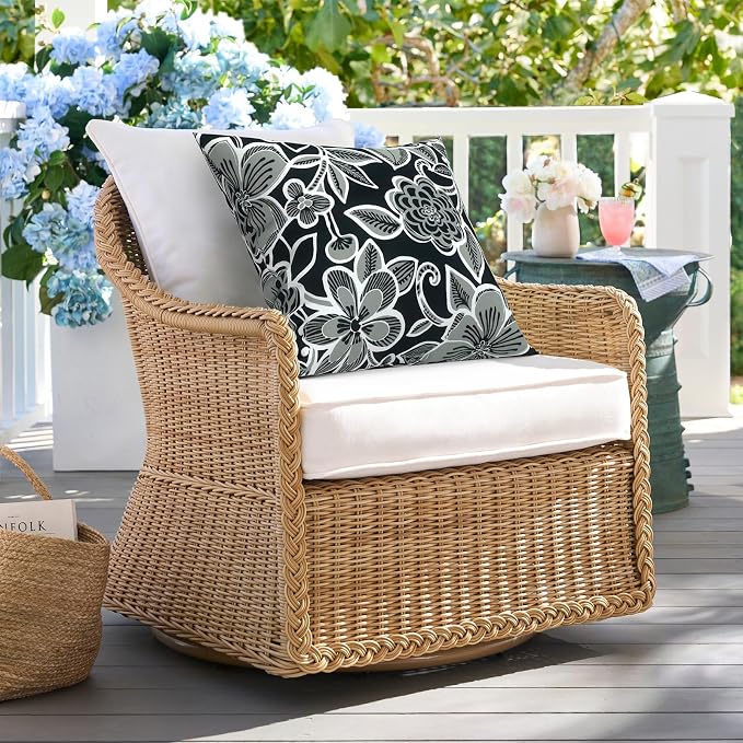 DYTXIII Pack of 2 Outdoor Waterproof Pillow Covers ONLY, 18"x18" Square Decorative Double Printed Throw Pillow Cases for Patio Couch Porch Furniture, Flower Black