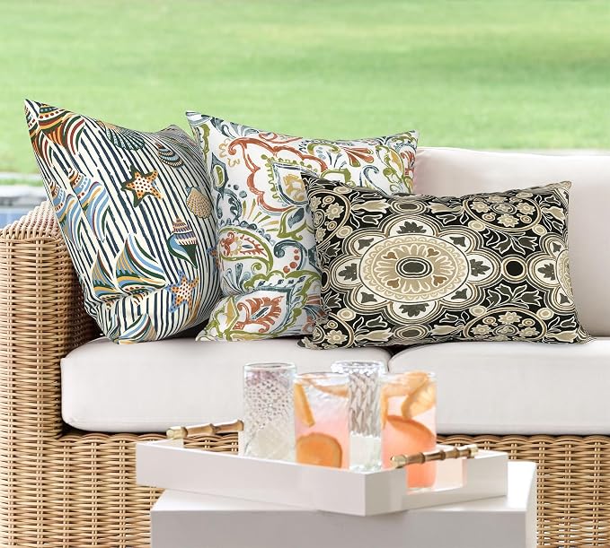 DYTXIII Pack of 2 Outdoor Waterproof Lumbar Pillow Covers ONLY, 12x20 Rectangle Decorative Double Printed Pillow Cases for Patio Couch Porch Furniture - Vintage Medallion
