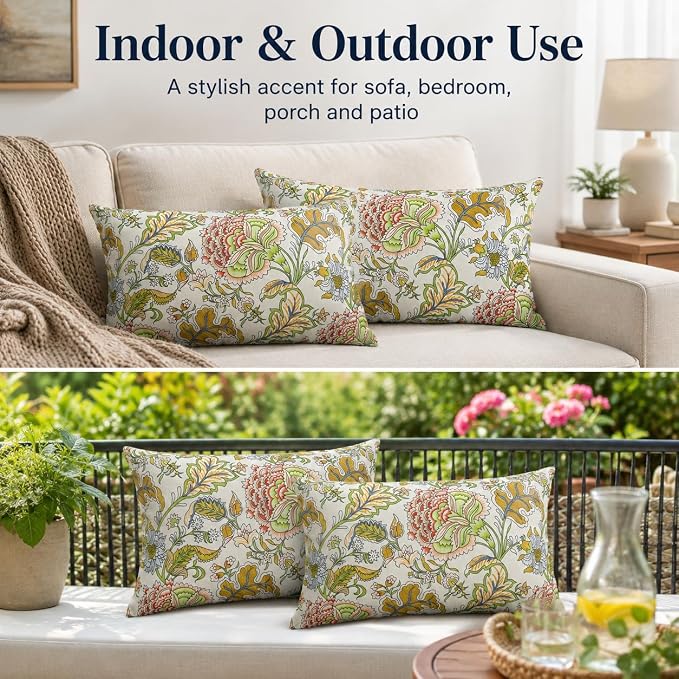 Outdoor Lumbar Pillows 12x20, 2 Pack with Inserts,Yellow Floral | 2-Pack 12x20 Outdoor Lumbar Pillows with Inserts, Water-Repellent Covers, Hidden Zippers, Plump Comfort for Patio & Sofa