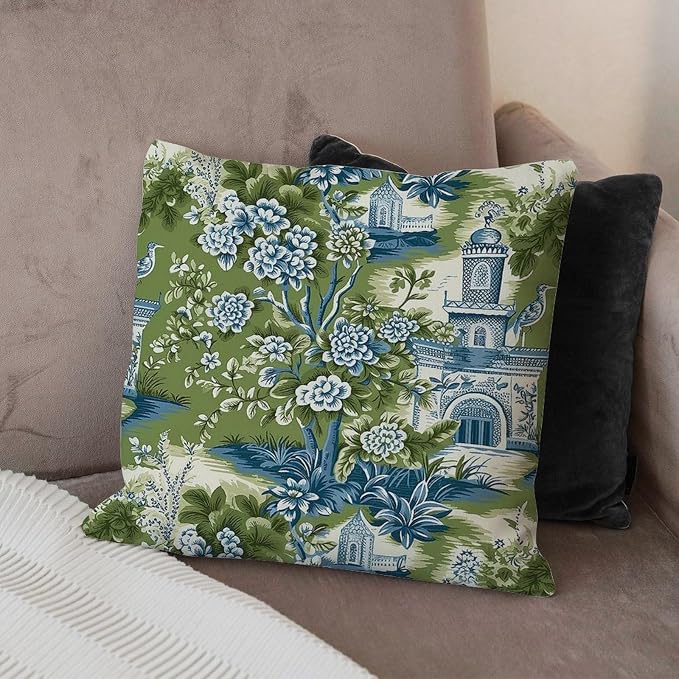 Pagoda Garden Imperial Green Chinoiserie Outdoor Throw Pillow Covers Asian Peacock Floral Waterproof Throw Pillowcase 24x24 in Rustic Accent Throw Pillow Covers for Patio Furniture Tent Garden