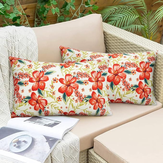 Pyonic Outdoor Pillows Cover Pack of 2 Floral Waterproof Throw Pillow Covers 12X20 inch Outdoor Lumbar Pillows for Patio Furniture Garden Outside Waterproof Throw Pillows