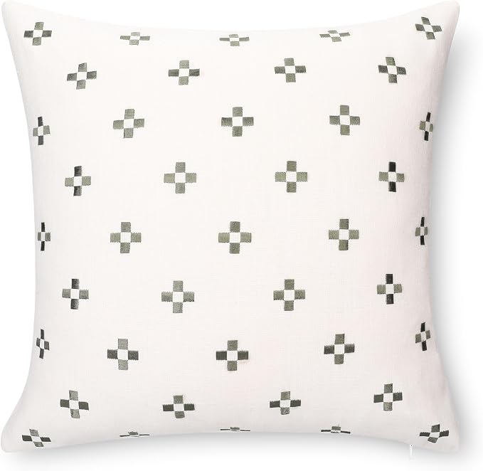 Modern Farmhouse California Casual Indoor Outdoor Throw Pillow Cover, 20"x20" Water Repellent for Patio, Backyard, Couch, Poolside, Neutral Green Embroidered Small Squares