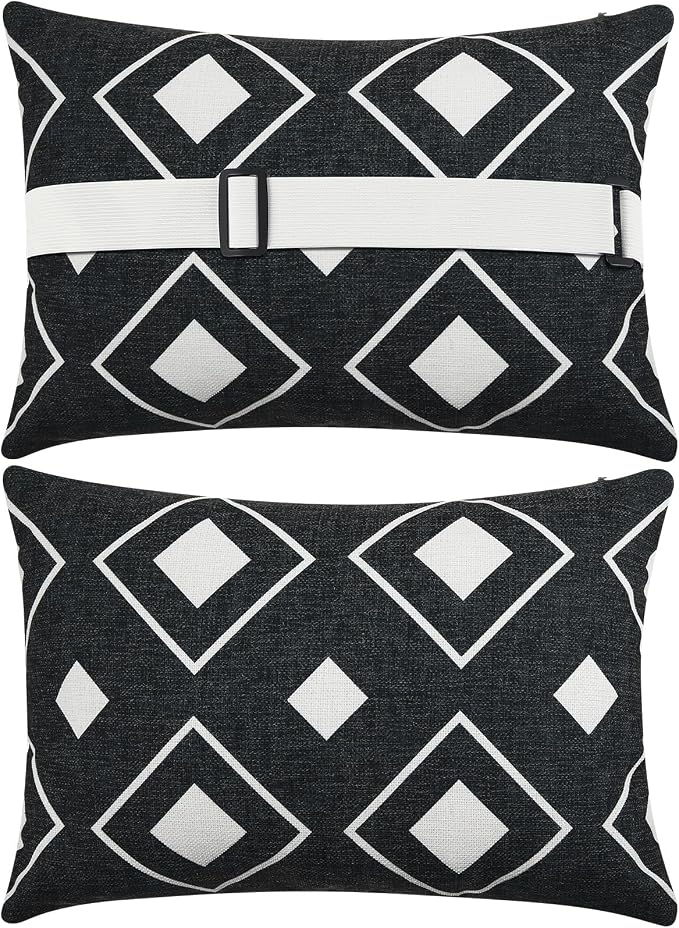 Juexica 2 Pack Chaise Lounge Pillow with Strap Outdoor Waterproof Beach Chair Neck Headrest Pillow Adjustable Elastic Band for Hammock Lumbar Recliner Pillows for Patio Pool Chair(White and Black)