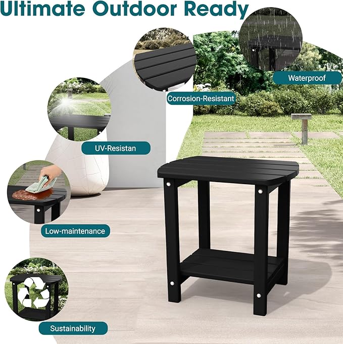 THOEOE Adirondack Outdoor Side Table, 2-Tier Sturdy Patio End Table Weather Resistant, Morden Side Table for Patio, Pool, Porch, Black