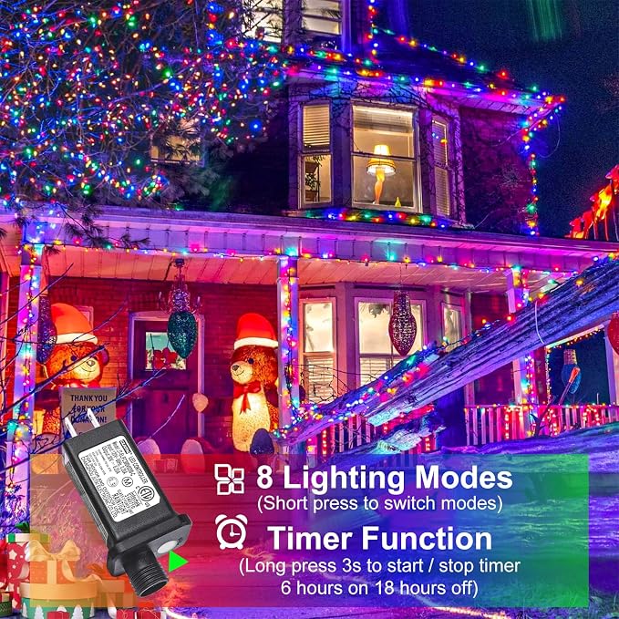 2 Pack Christmas Lights Outdoor, Total 200FT 600 LED Christmas Tree Lights | Multicolor, Plug in 8 Modes Waterproof Connectable String lights for Outside Indoor Patio Party Garden Xmas Decorations
