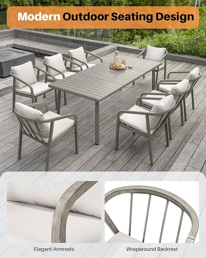 Never-Rust Aluminum Outdoor Dining Chairs Set of 2, Patio Dining Chairs with Ultra-Thick Cushion, Outdoor Patio Chairs with Wraparound Backrest and Armrest for Poolside, Porch, Deck, Gray Oak