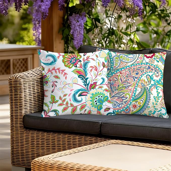 NIGHTWISH Outdoor Waterproof Pillow Covers 16x16 Set of 4 Spring Summer Floral Boho Decorative Outdoor Throw Pillows Paisley Cushion Cases for Patio Furniture Bench Couch Sunbrella