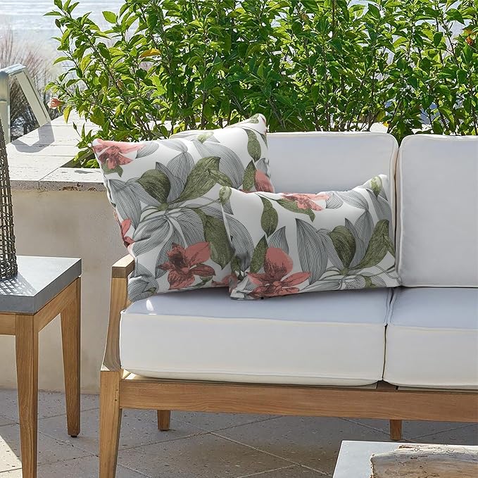 Outdoor Lumbar Pillows 12x20 inch, Rectangle Throw Pillows with Inserts, Decorative Lumbar Cushions for Patio Furniture Garden Couch Home Sofa Office Chair, Pack of 2, Clemens Noir Pink