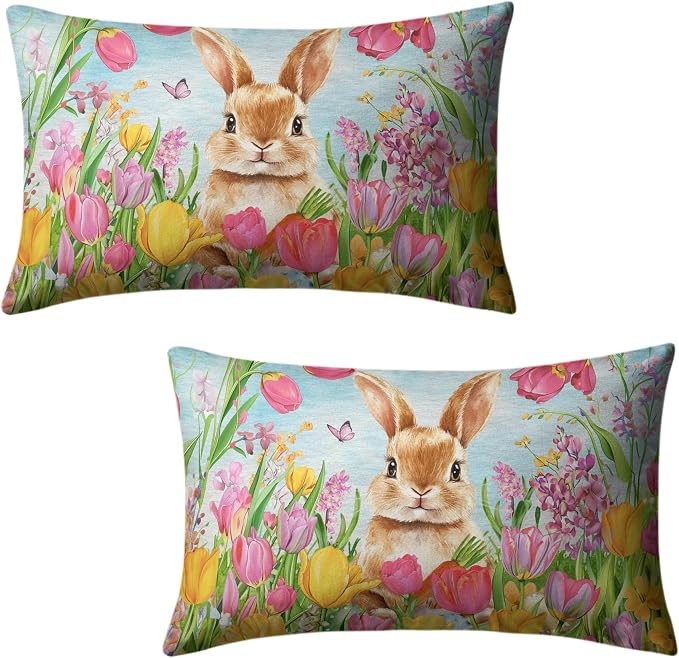 Easter Bunny Lumbar Pillow Covers 12x20 Set of 2 Lovely Rabbit with Tulip Throw Pillow Covers Spring Pillow Case Floral Cotton Blend Cushion Case for Easter Decor Sofa Patio Garden