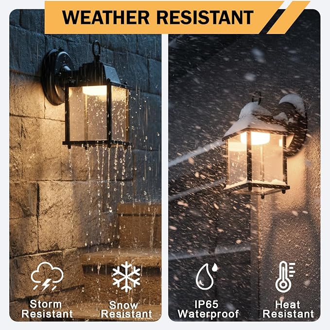 Outdoor Wall Light Fixture Dusk to Dawn, Rustproof Aluminum, LED | Exterior Porch Light Wall Sconce Lantern for House, Patio, Garage, Waterproof, Glass, 9.5W 800 Lumen, 3000K, Black, 1 Pack