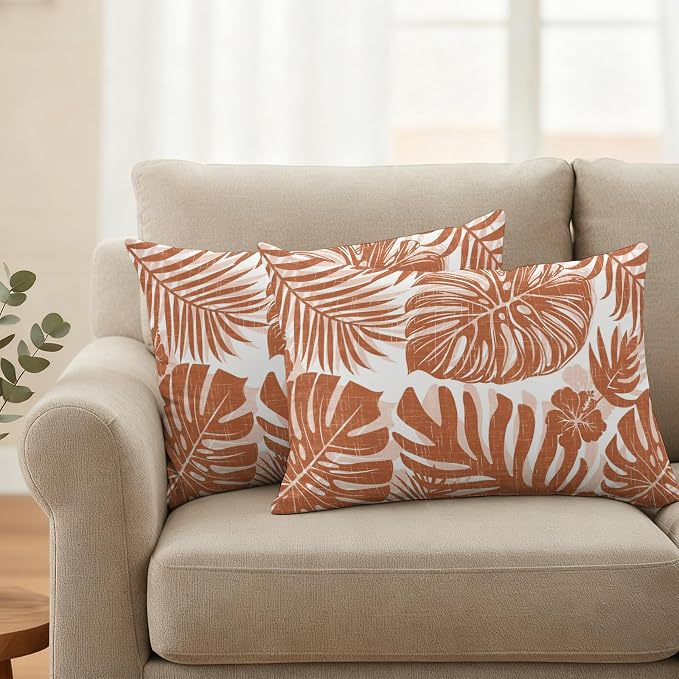 Burnt Orange Palm Leaves Outdoor Pillow Covers 20"x12" Set of 2, Tropical Botanical Minimalist Modern Waterproof Throw Pillow Covers for Patio Furniture, Decorative Cushion Covers for Porch