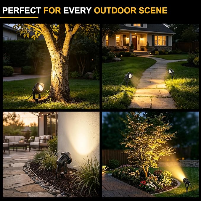 Romwish 12 Pack LED Landscape Spotlights, 120V Plug-in Outdoor Lighting | 12W 1200LM Brightness with 3000K Warm White, IP65 Waterproof, Adjustable head & 60° Beam for Tree Garden Pathway Yard