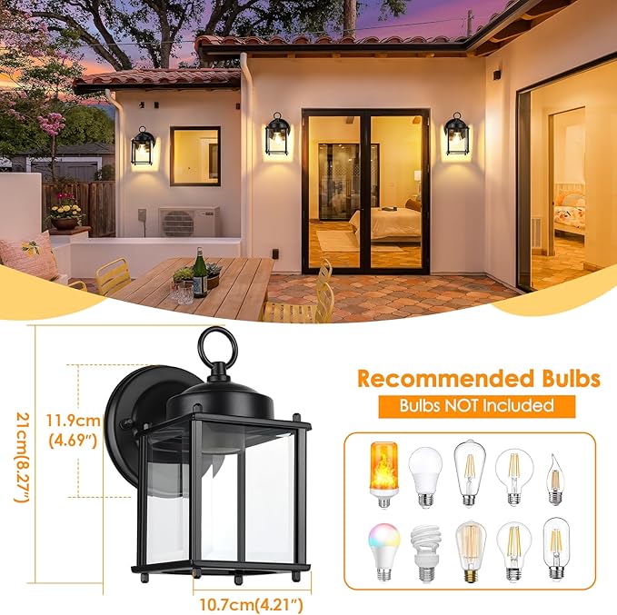 MATAMEYE Outdoor Wall Lantern, Exterior Waterproof Wall Sconce Light Fixtures, Black Front Door Wall Lighting with Clear Beveled Glass Shade, 2 Pack