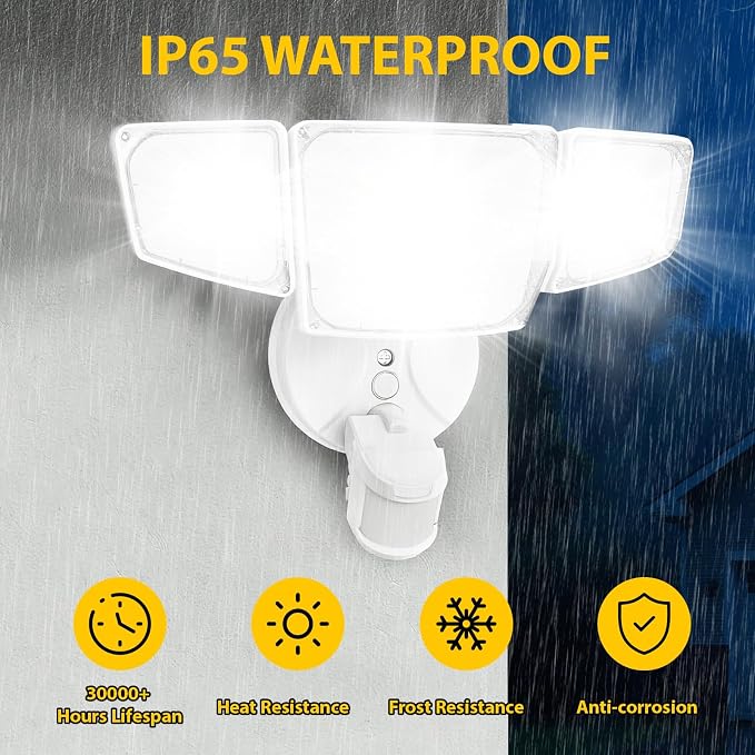 90W 10000LM LED Security Lights Motion Sensor Outdoor Lights, 4 Head Dusk to Dawn, 6500K Daylight Flood Lights Outdoor Motion Sensor, IP65 Waterproof, Motion Light for Outside, Garage, Yard, Porch