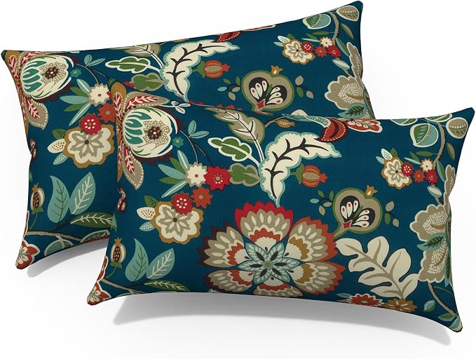 Pack of 2 Outdoor Lumbar Pillow Covers, All Weather Cushion Pillow Cases 12x20 Inch, Pillowcase for Patio Couch Decoration, Peacock Blue