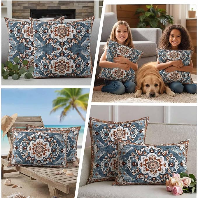 Blue Bohemian Waterproof Outdoor Pillow Covers Set of 2 Home Decor, Retro Pattern Oriental Farmhouse Ethnic Pillowcase Patio Pillow Covers for Couch Bench Furniture Garden 16x16in