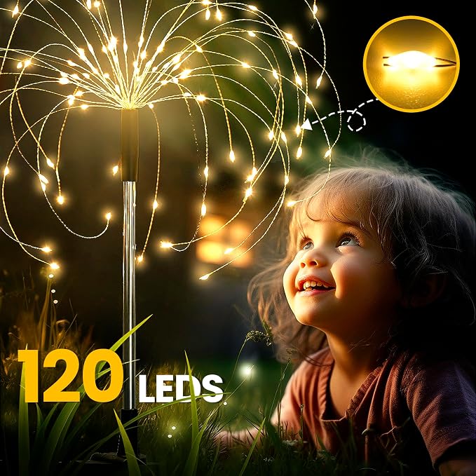 GIGALUMI 4 Pack Solar Firework Lights Outdoor, Garden Decor, Warm White | 120 LEDs, Fairy Design, Waterproof, Garden Decor, Solar Powered for Yard, Pathway, Flowerbed, Planter, Balcony, Gifts for Mom
