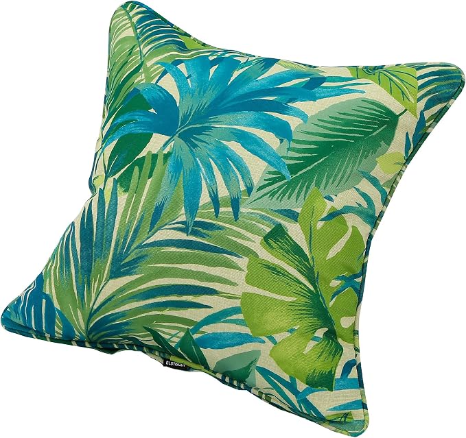 Outdoor Throw Pillow with Insert 18x18 Inch, Set of 2, Piping Edge Waterproof Fade Resistant Decorative Fluffy Pillows for Patio Furniture Chair Bench Couch Sofa - Green Palm Leaves