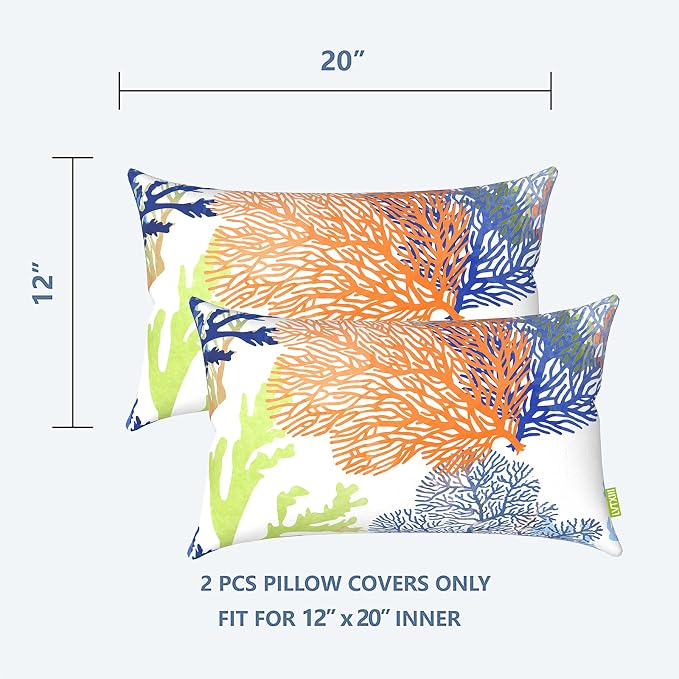 LVTXIII Outdoor/Indoor Lumbar Pillow Covers, Patio Fade Resistant Lumbar Pillow Cases ONLY, Tropical Lumbar Cushion Covers for Home and Garden Furniture Decor,12” x 20”, Pack of 2, Coral Multi