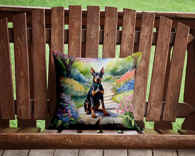 Caroline's Treasures Doberman Pinscher Spring Path Throw Pillow Machine Washable, Indoor Outdoor Decorative Pillow for Couch, Bed or Patio, 14Hx14W